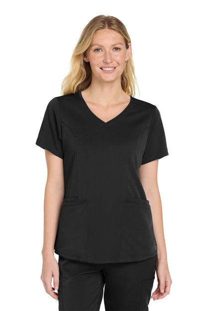Front View of Black Wink Women's Premiere Flex Mock Wrap Top WW4268