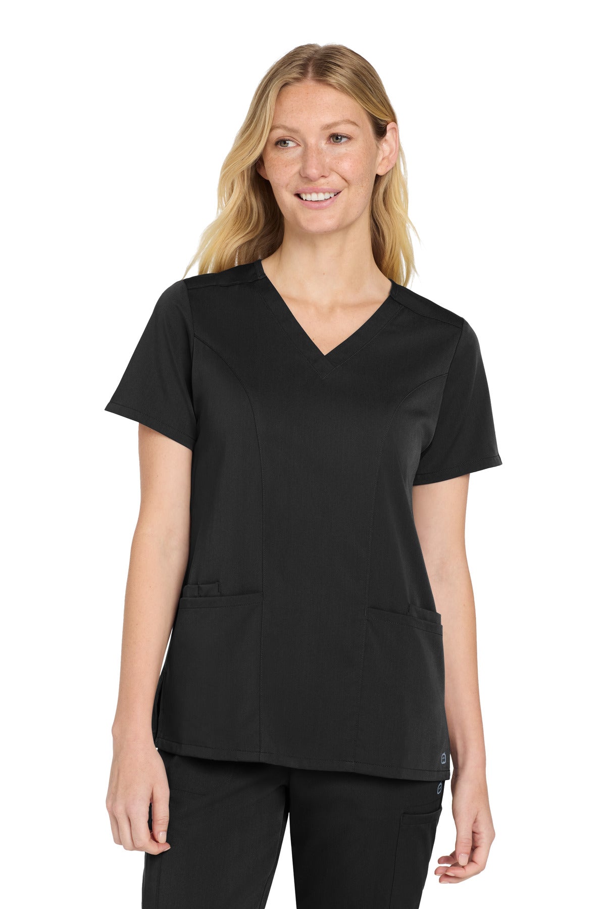 Front View of Black Wink Women's Premiere Flex V-Neck Top WW4168