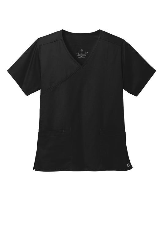 Front View of Black Wink Women's WorkFlex Mock Wrap Top WW4760