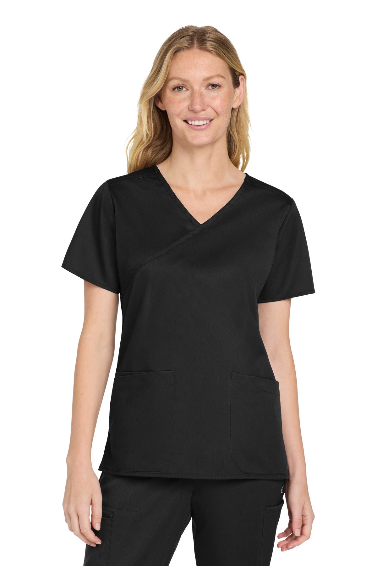 Front View of Black Wink Women's WorkFlex Mock Wrap Top WW4760