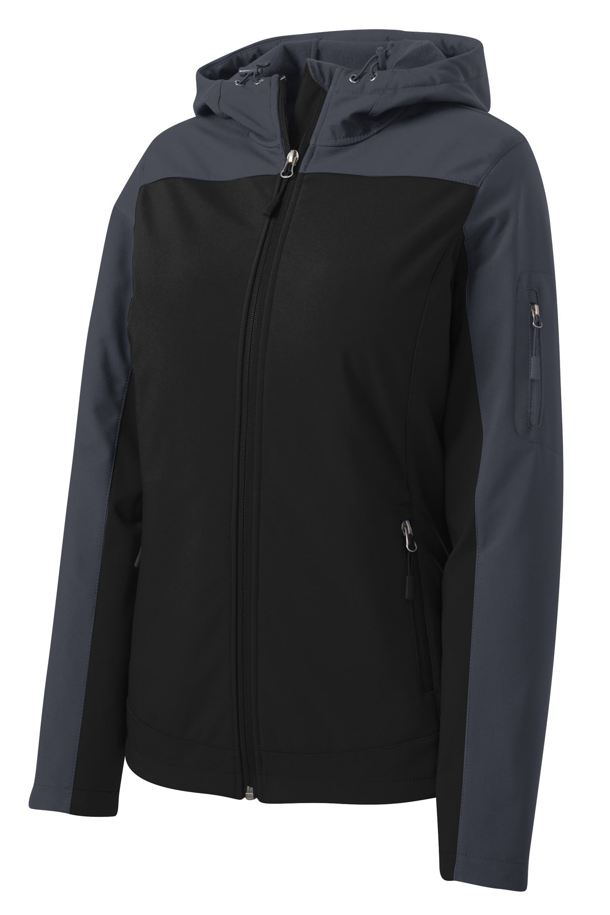 Front View of Black/Batl Gry Port Authority Women's Hooded Core Soft Shell Jacket. L335