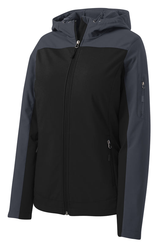 Front View of Black/Batl Gry Port Authority Women's Hooded Core Soft Shell Jacket. L335