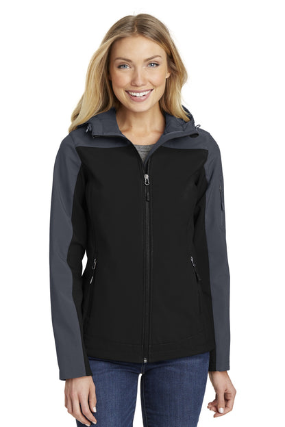 Front View of Black/Batl Gry Port Authority Women's Hooded Core Soft Shell Jacket. L335