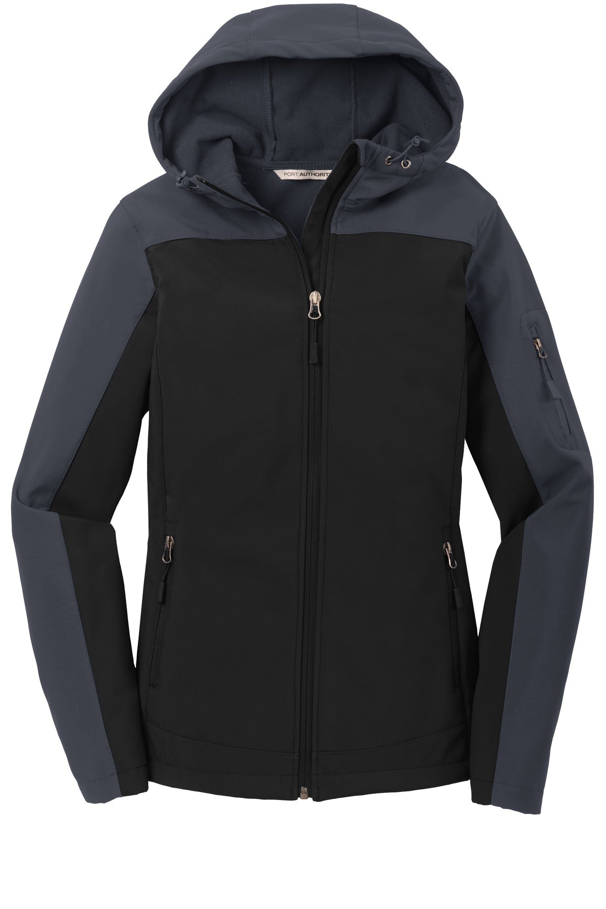 Front View of Black/Batl Gry Port Authority Women's Hooded Core Soft Shell Jacket. L335