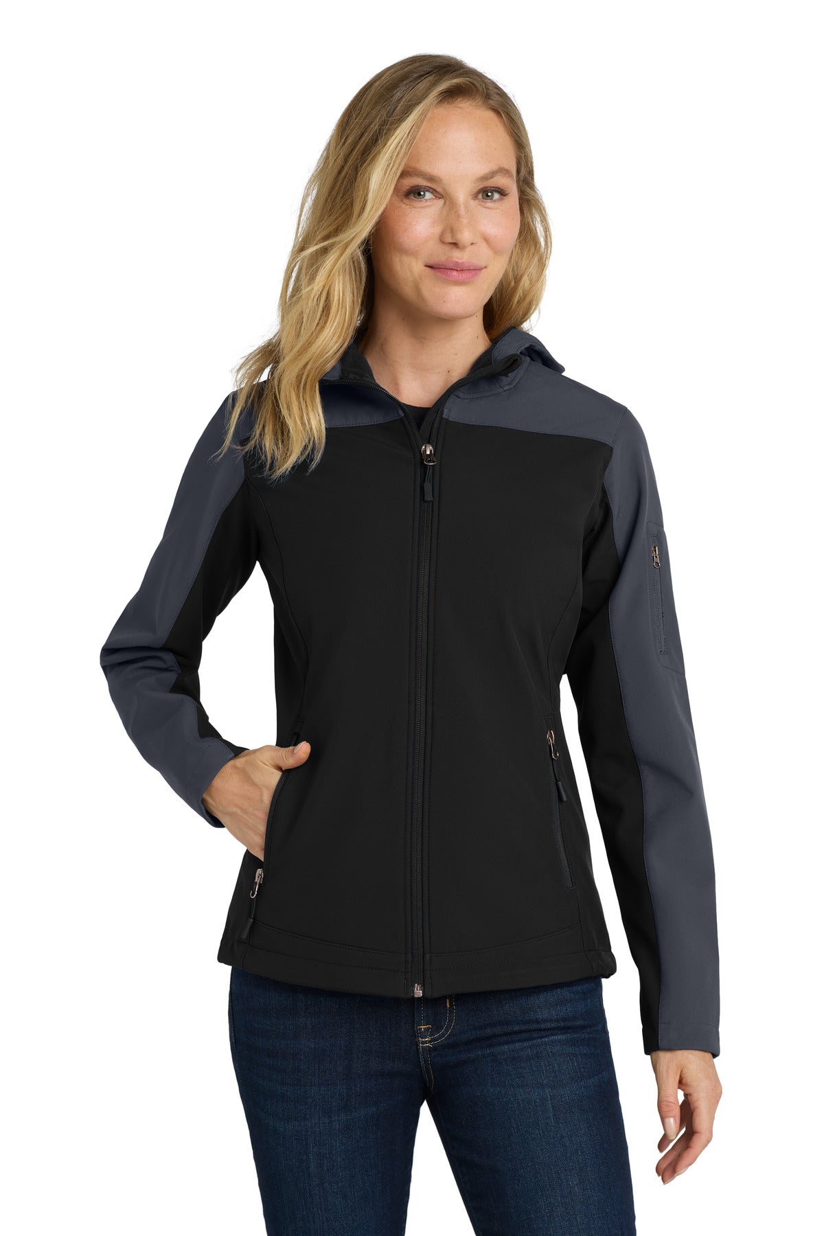 Front View of Black/Batl Gry Port Authority Women's Hooded Core Soft Shell Jacket. L335