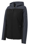 Front View of Black/Batl Gry Port Authority Women's Hooded Core Soft Shell Jacket. L335