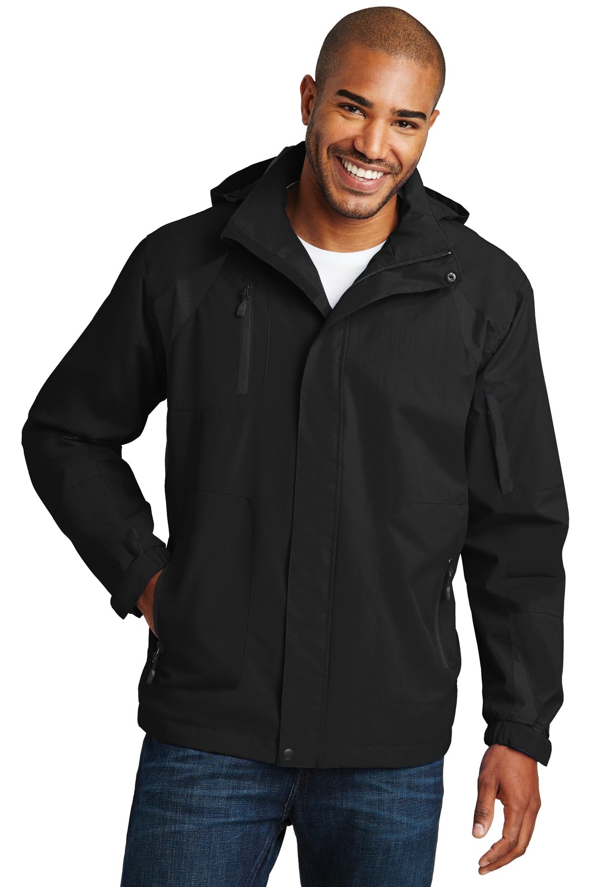Front View of Black/Black Port Authority All-Season II Jacket. J304