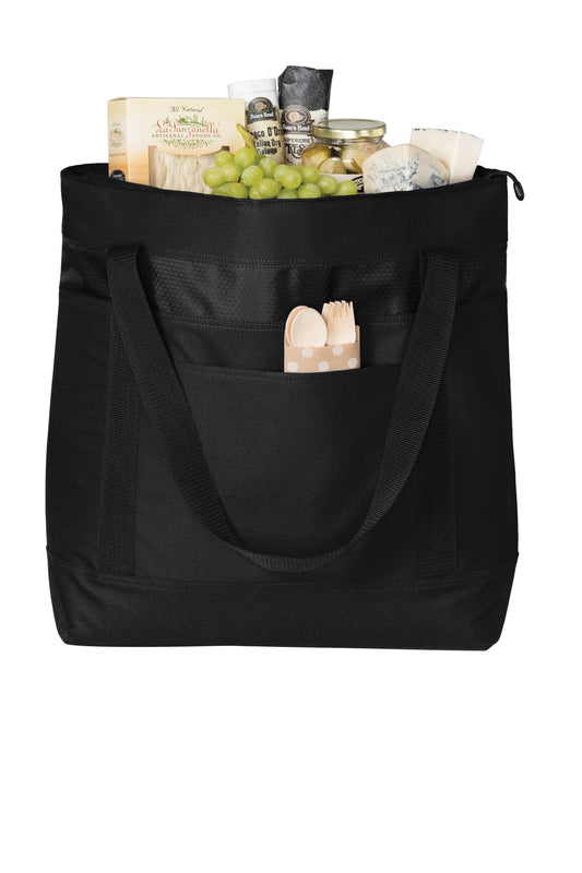 Front View of Black/Black Port Authority Large Tote Cooler. BG527