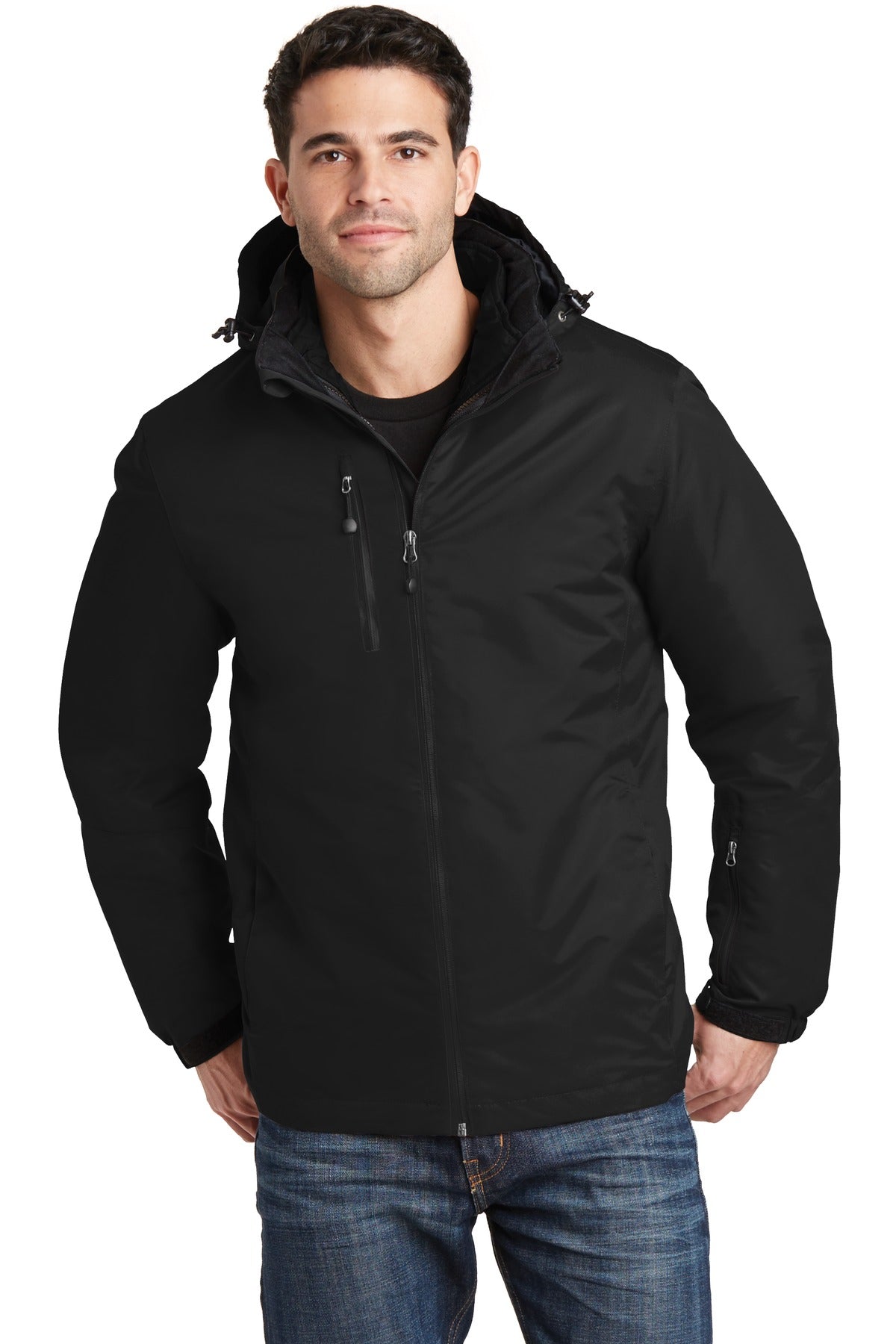 Front View of Black/Black Port Authority Vortex Waterproof 3-in-1 Jacket. J332