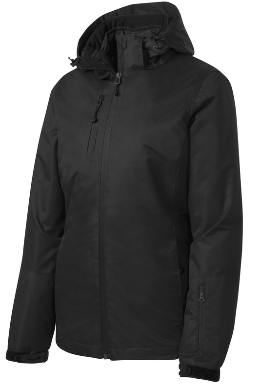 Front View of Black/Black Port Authority Women's Vortex Waterproof 3-in-1 Jacket. L332