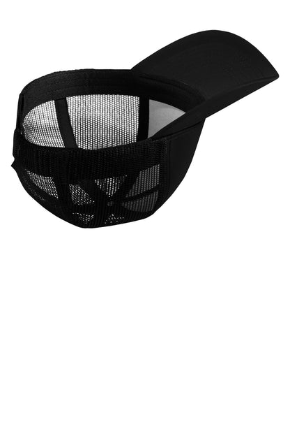 Front View of Black/Black Sport-Tek PosiCharge Competitor Mesh Back Cap. STC36