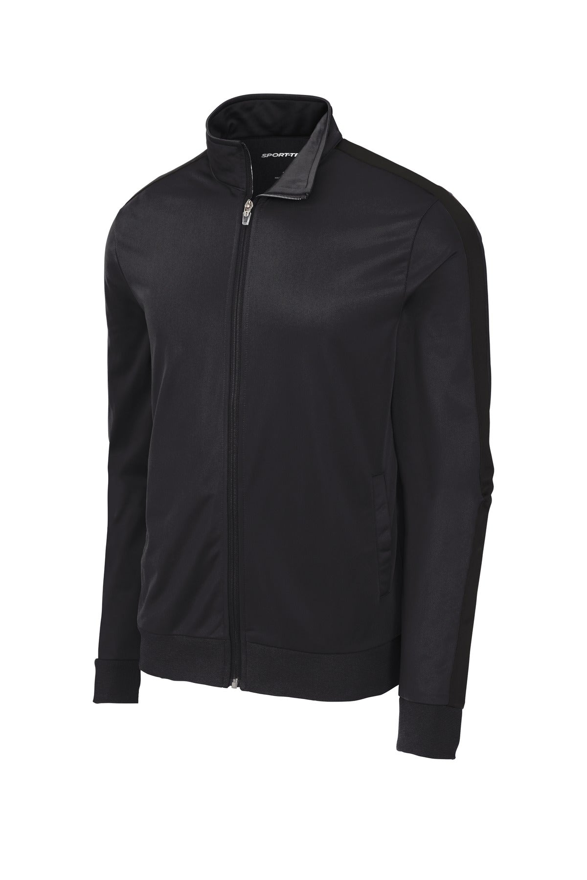 Front View of Black/Black Sport-Tek Tricot Sleeve Stripe Track Jacket. JST94