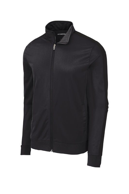Front View of Black/Black Sport-Tek Tricot Sleeve Stripe Track Jacket. JST94