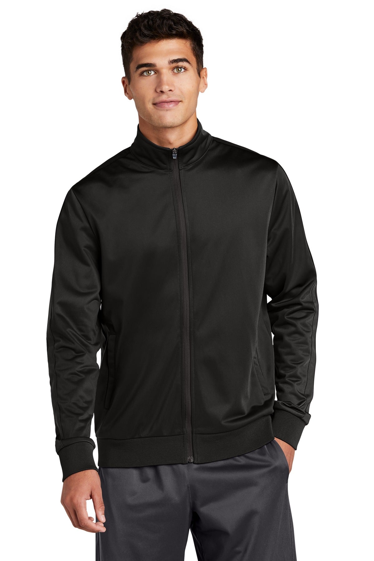 Front View of Black/Black Sport-Tek Tricot Sleeve Stripe Track Jacket. JST94