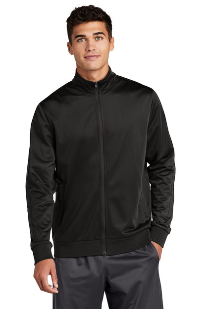 Front View of Black/Black Sport-Tek Tricot Sleeve Stripe Track Jacket. JST94