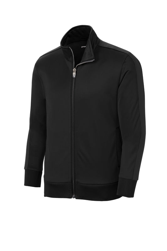 Front View of Black/Black Sport-Tek Youth Tricot Sleeve Stripe Track Jacket. YST94