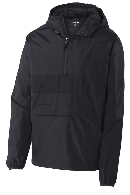 Front View of Black/Black Sport-Tek Zipped Pocket Anorak. JST65