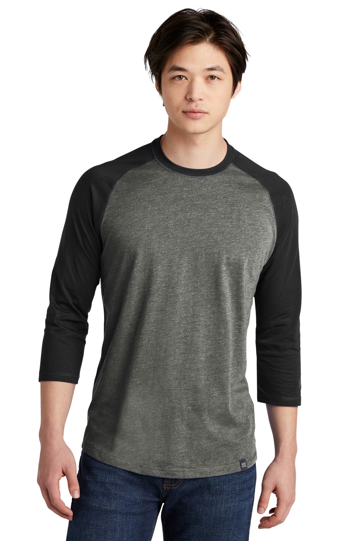 Front View of Black/Black Tw New Era Heritage Blend 3/4-Sleeve Baseball Raglan Tee. NEA104