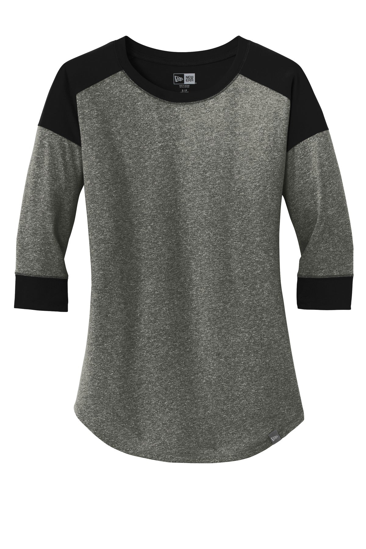 Front View of Black/Black Tw New Era Women's Heritage Blend 3/4-Sleeve Baseball Raglan Tee. LNEA104