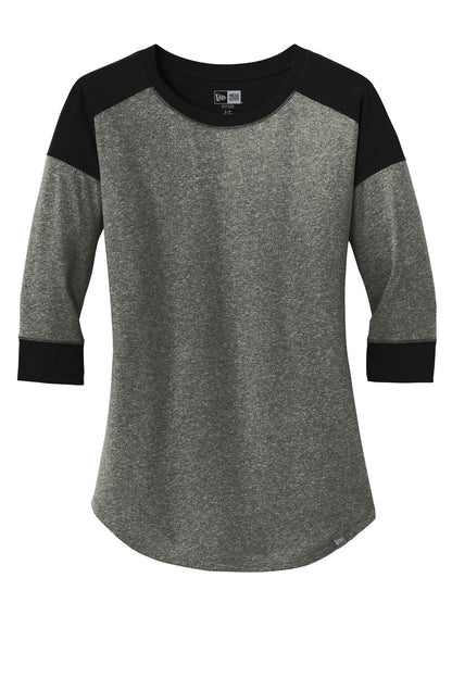 Front View of Black/Black Tw New Era Women's Heritage Blend 3/4-Sleeve Baseball Raglan Tee. LNEA104