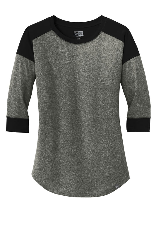 Front View of Black/Black Tw New Era Women's Heritage Blend 3/4-Sleeve Baseball Raglan Tee. LNEA104