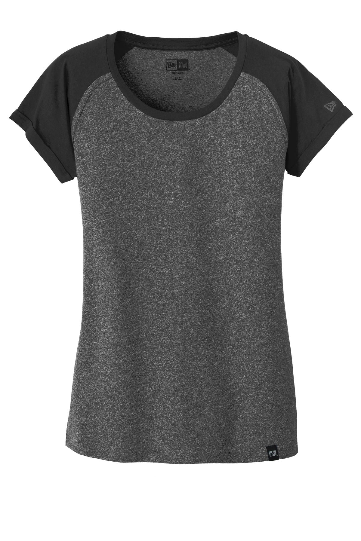 Front View of Black/Black Tw New Era Women's Heritage Blend Varsity Tee. LNEA107