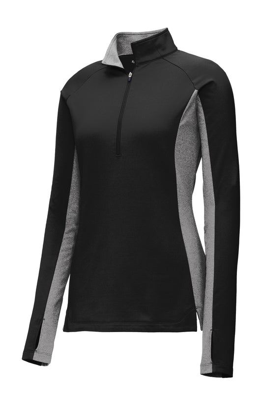 Front View of Black/Ch Gy He Sport-Tek Women's Sport-Wick Stretch Contrast 1/4-Zip Pullover. LST854