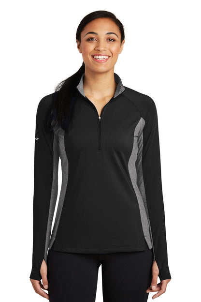 Front View of Black/Ch Gy He Sport-Tek Women's Sport-Wick Stretch Contrast 1/4-Zip Pullover. LST854