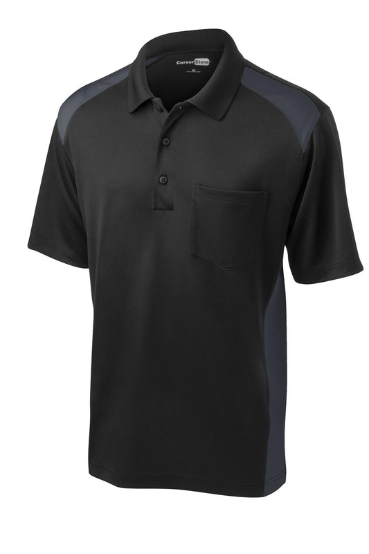 Front View of Black/Charcoal CornerStone Select Snag-Proof Two Way Colorblock Pocket Polo. CS416