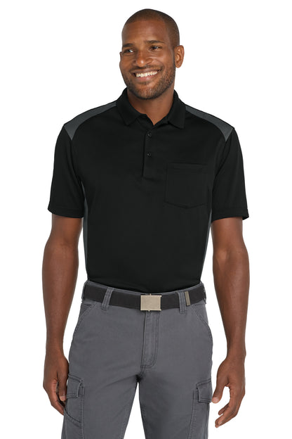 Front View of Black/Charcoal CornerStone Select Snag-Proof Two Way Colorblock Pocket Polo. CS416