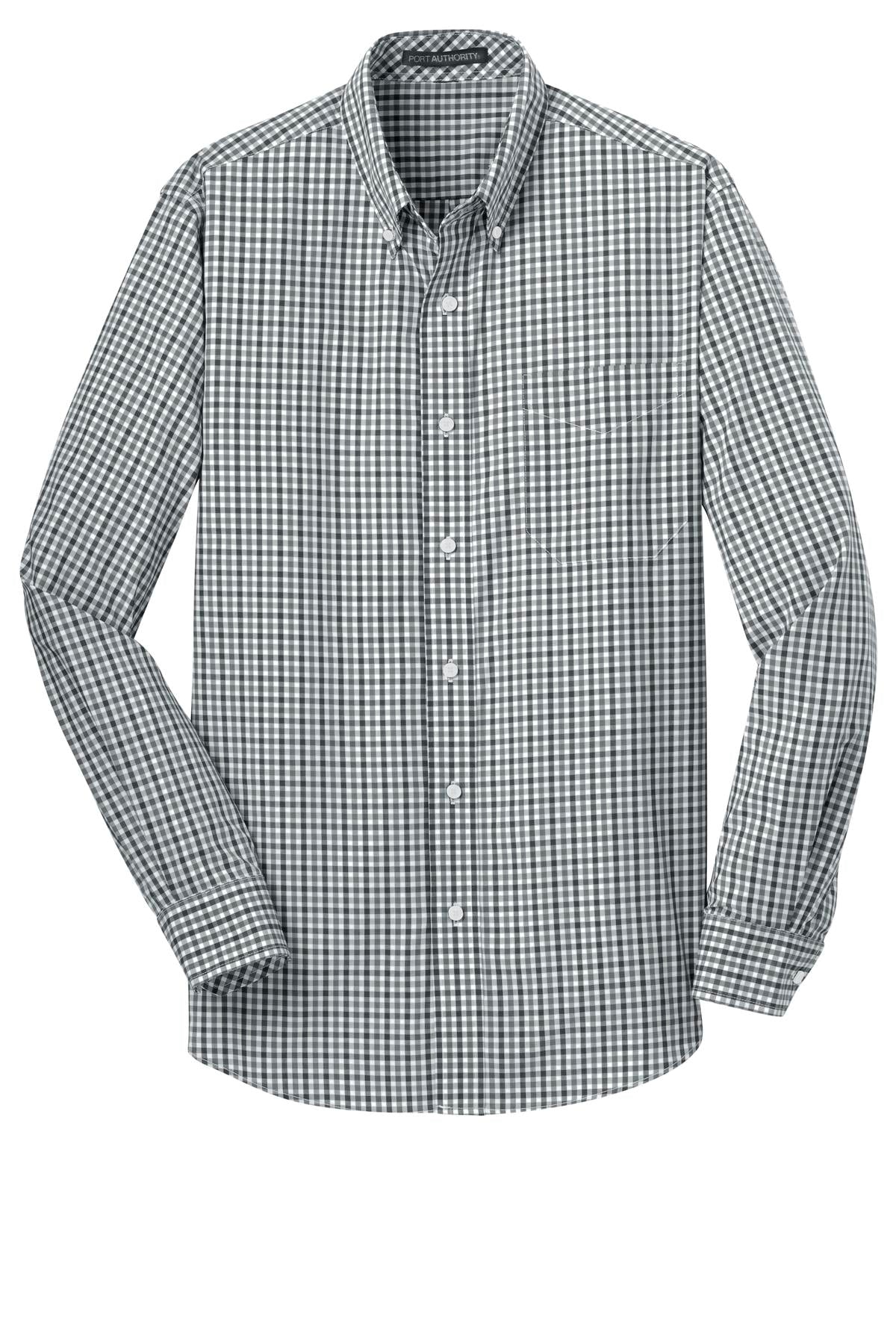 Front View of Black/Charcoal Port Authority Long Sleeve Gingham Easy Care Shirt. S654