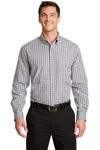 Front View of Black/Charcoal Port Authority Long Sleeve Gingham Easy Care Shirt. S654