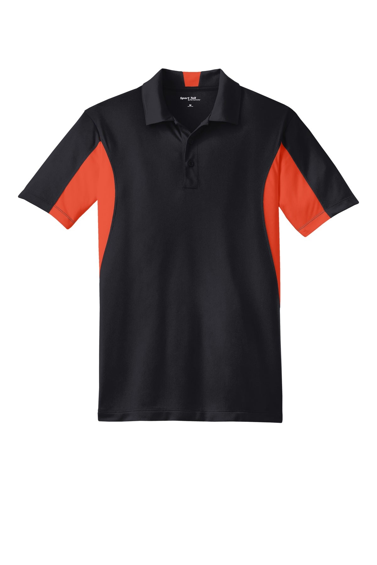 Front View of Black/Dp Orng Sport-Tek Tall Side Blocked Micropique Sport-Wick Polo. TST655