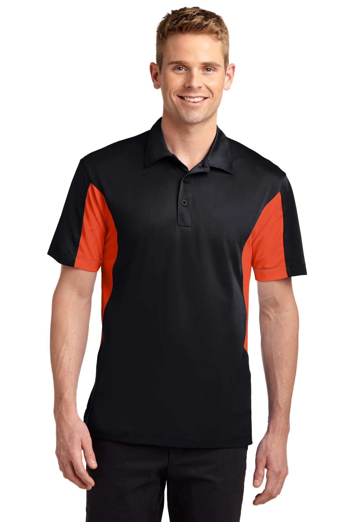 Front View of Black/Dp Orng Sport-Tek Tall Side Blocked Micropique Sport-Wick Polo. TST655