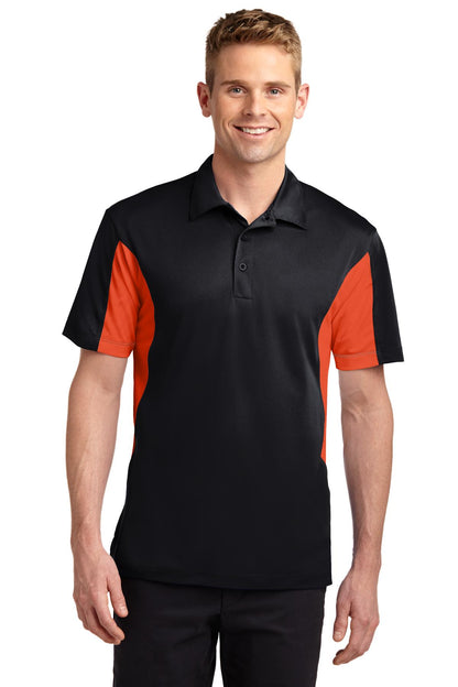 Front View of Black/Dp Orng Sport-Tek Tall Side Blocked Micropique Sport-Wick Polo. TST655