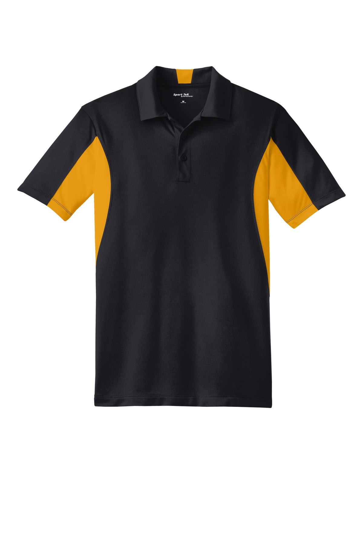 Front View of Black/Gold Sport-Tek Tall Side Blocked Micropique Sport-Wick Polo. TST655