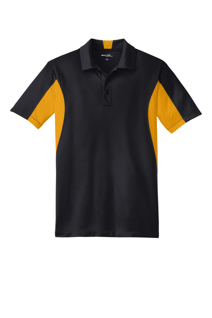 Front View of Black/Gold Sport-Tek Tall Side Blocked Micropique Sport-Wick Polo. TST655
