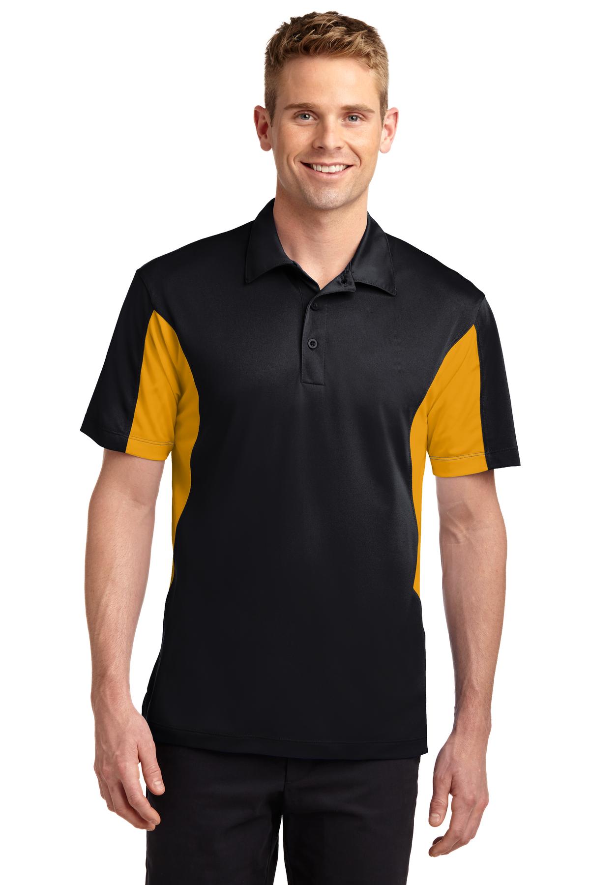 Front View of Black/Gold Sport-Tek Tall Side Blocked Micropique Sport-Wick Polo. TST655