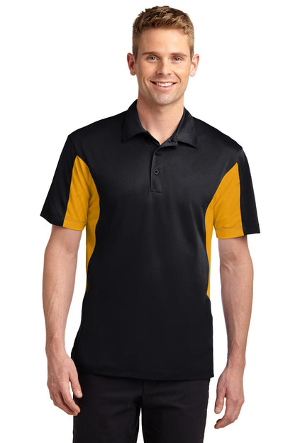 Front View of Black/Gold Sport-Tek Tall Side Blocked Micropique Sport-Wick Polo. TST655