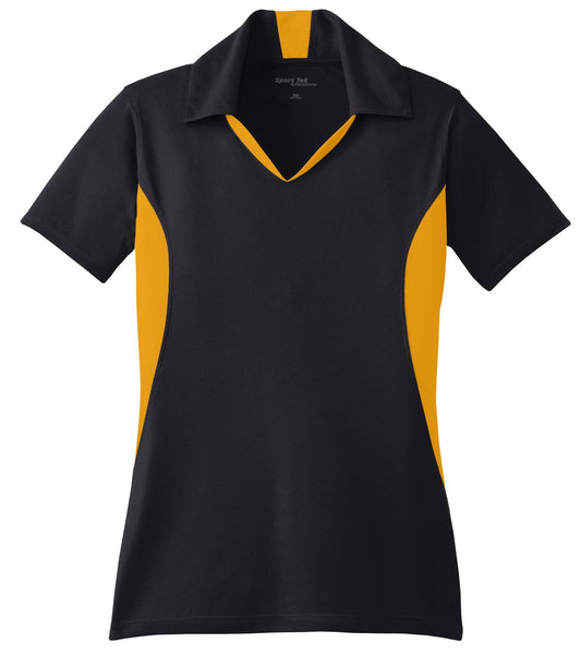Front View of Black/Gold Sport-Tek Women's Side Blocked Micropique Sport-Wick Polo. LST655