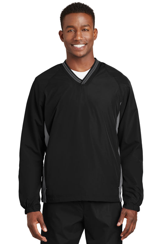 Front View of Black/Graphite Sport-Tek Tipped V-Neck Raglan Wind Shirt. JST62