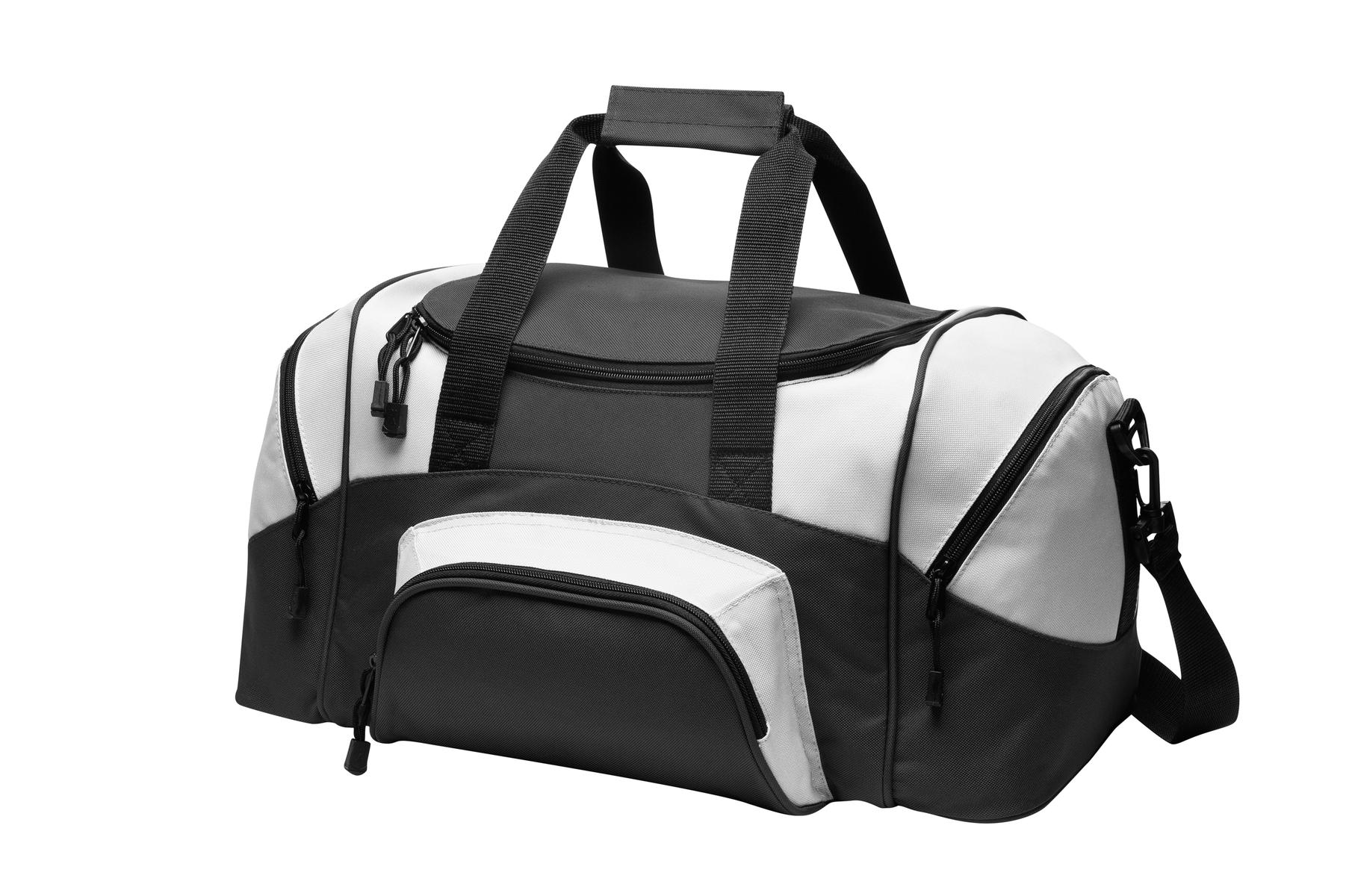 Front View of Black/Grey Port Authority - Small Colorblock Sport Duffel. BG990S