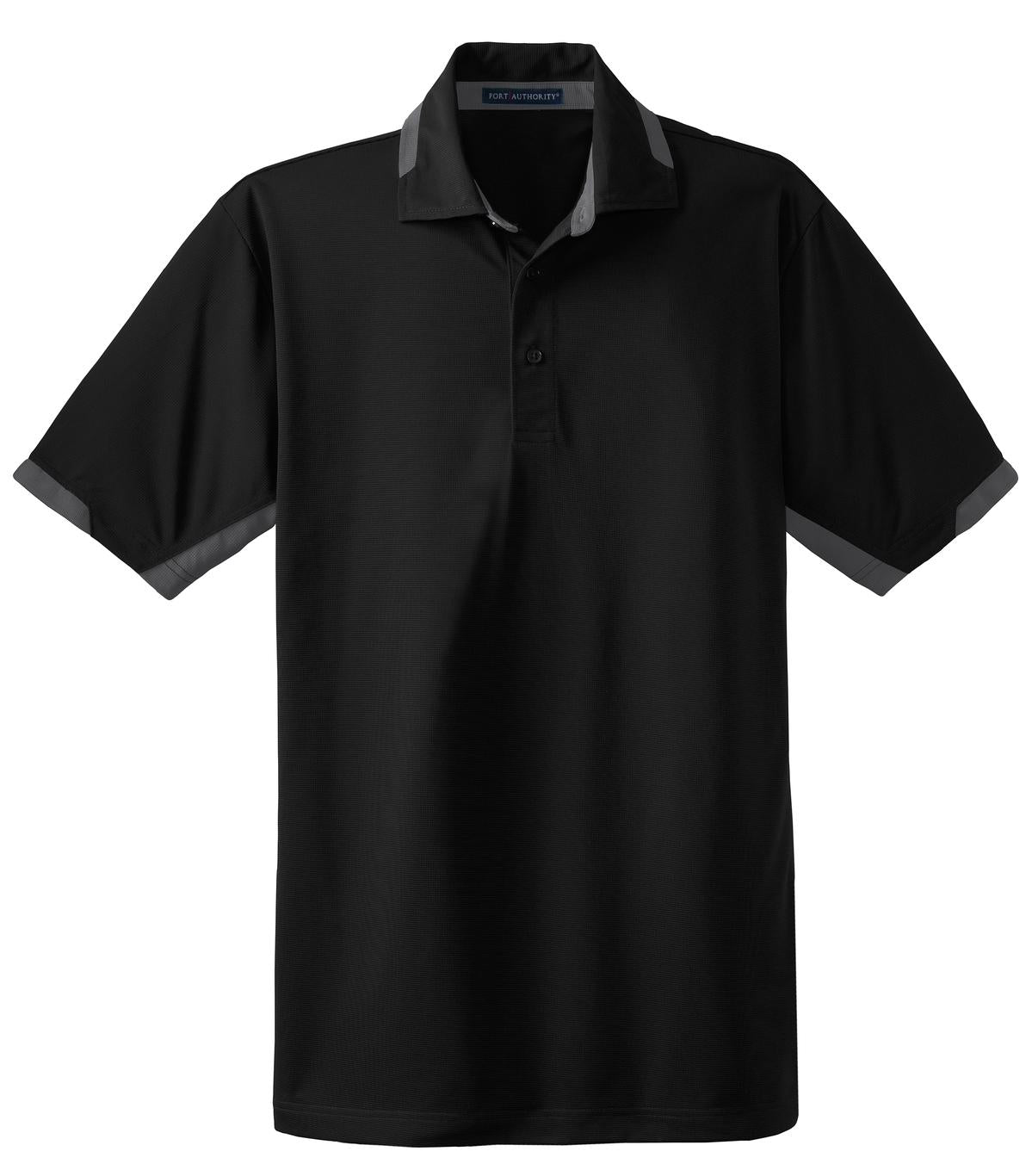 Front View of Black/Iron Gry Port Authority Dry Zone Colorblock Ottoman Polo. K524
