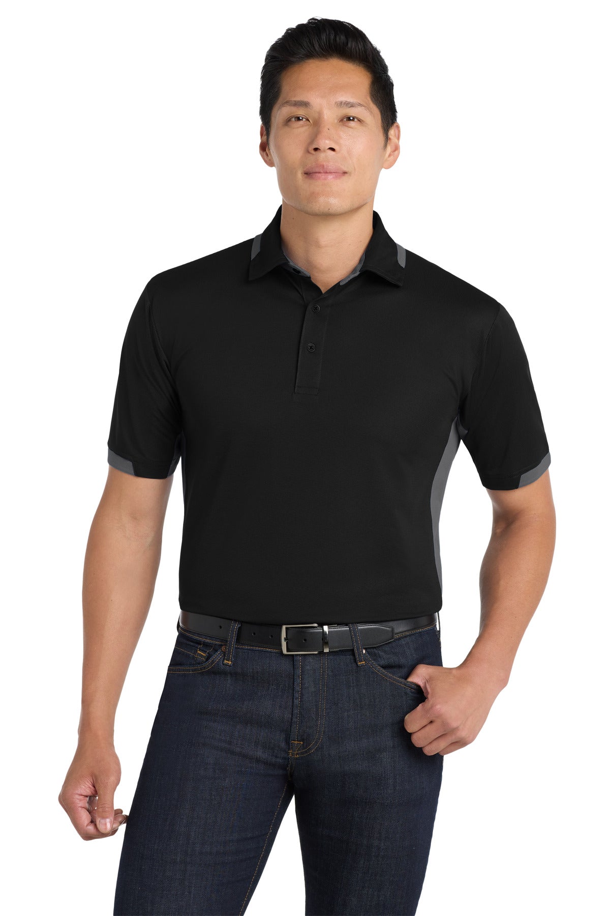 Front View of Black/Iron Gry Port Authority Dry Zone Colorblock Ottoman Polo. K524