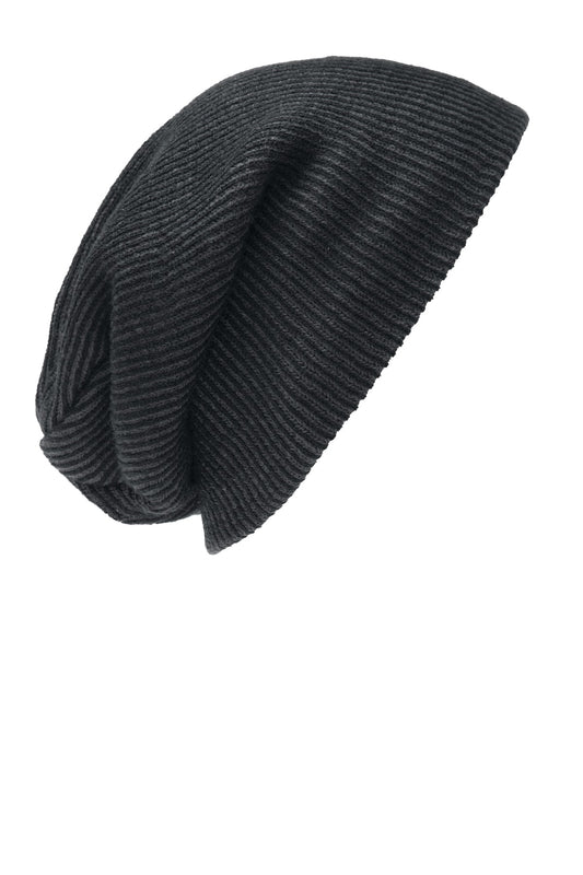 Front View of Black/Iron Gry Port Authority Rib Knit Slouch Beanie. C935