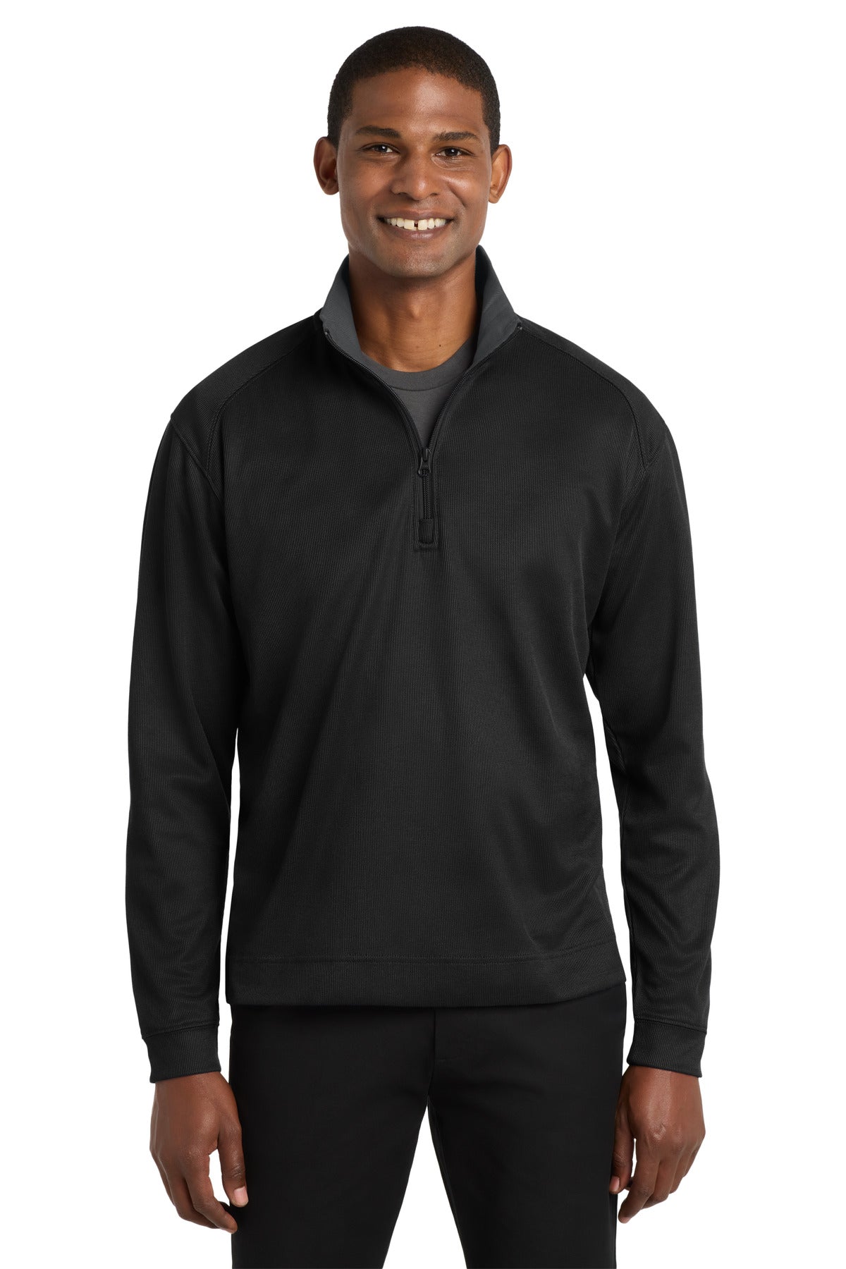 Front View of Black/Iron Gry Port Authority Vertical Texture 1/4-Zip Pullover. K805