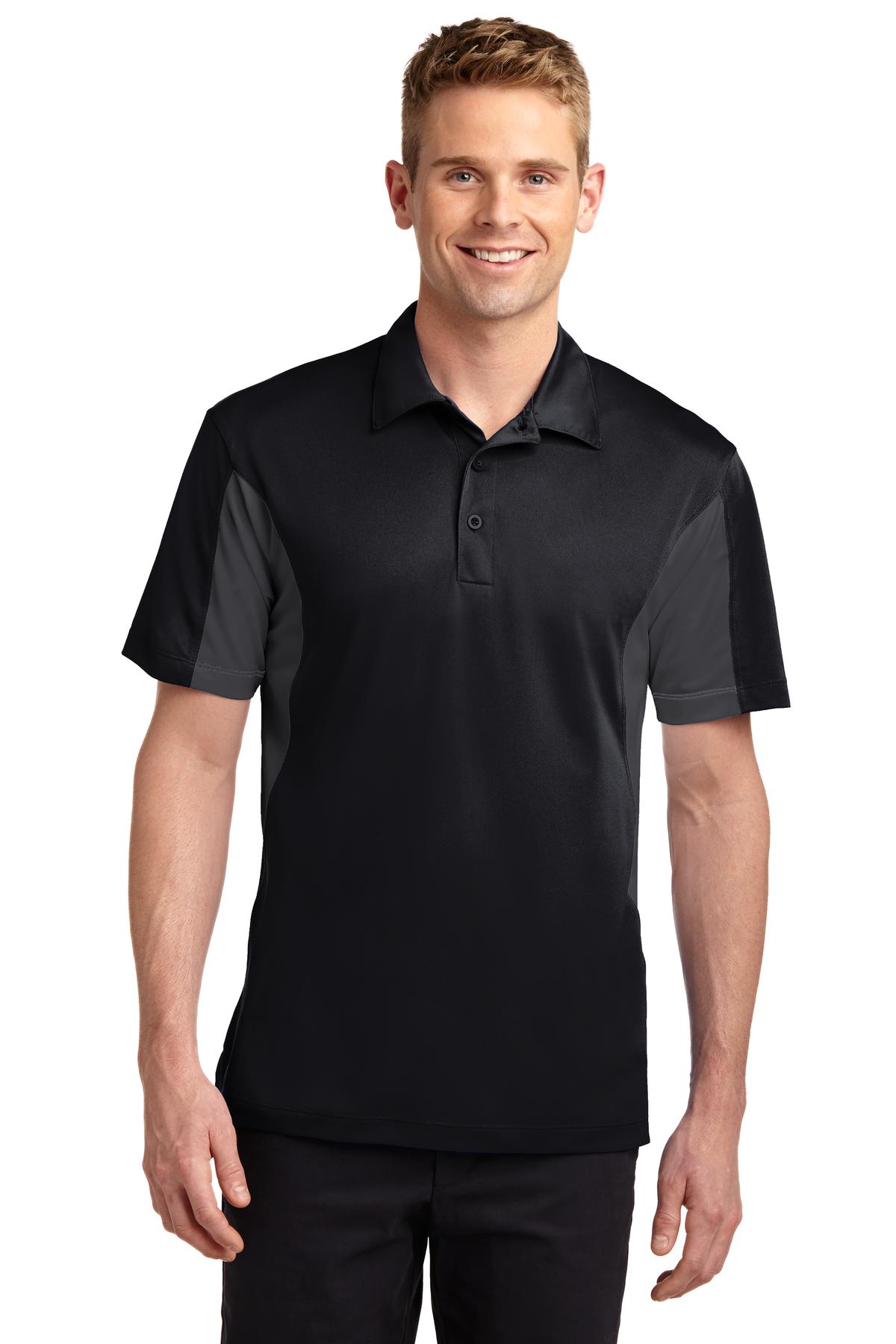 Front View of Black/Iron Gry Sport-Tek Tall Side Blocked Micropique Sport-Wick Polo. TST655
