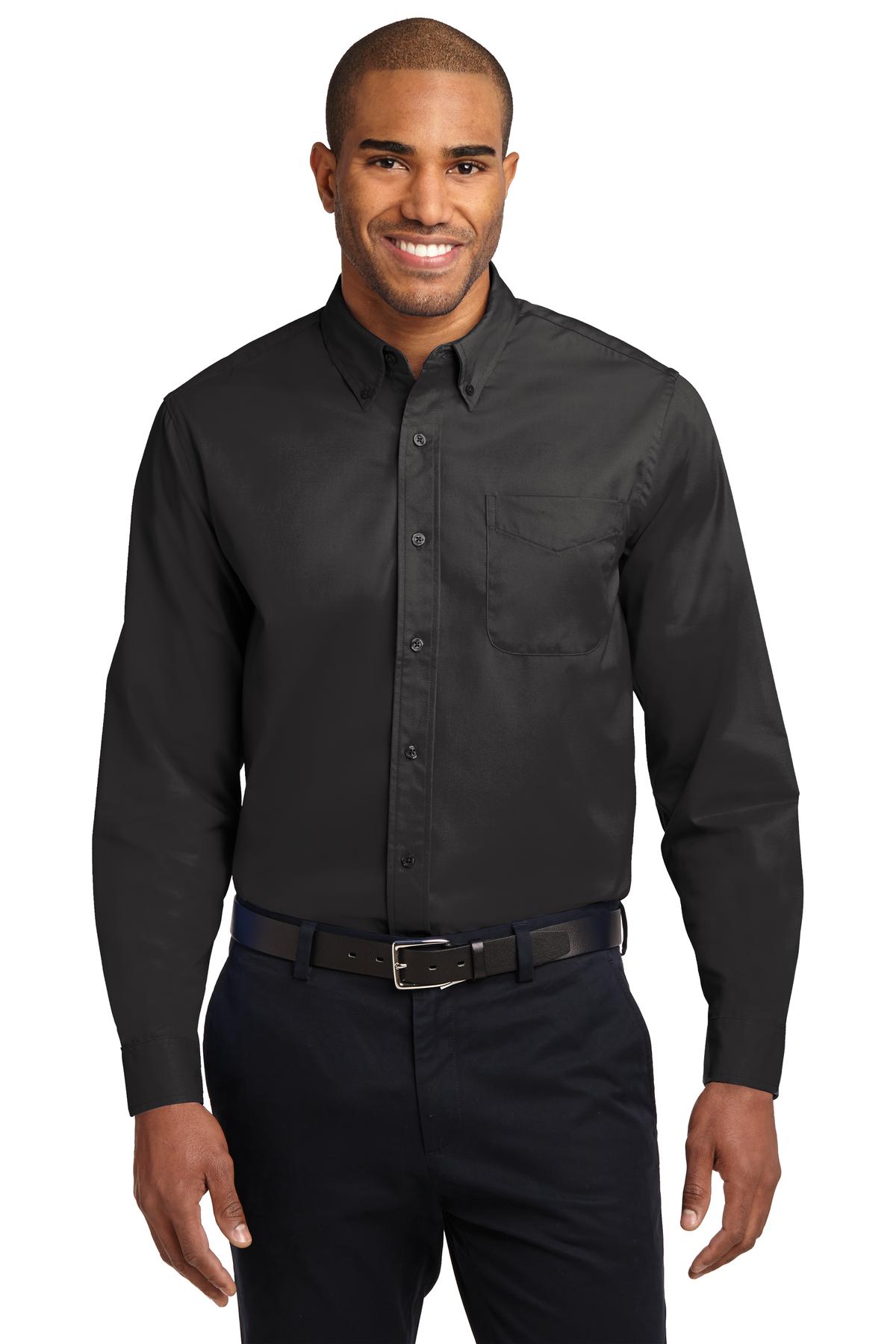 Front View of Black/Lt Stone Port Authority Extended Size Long Sleeve Easy Care Shirt S608ES