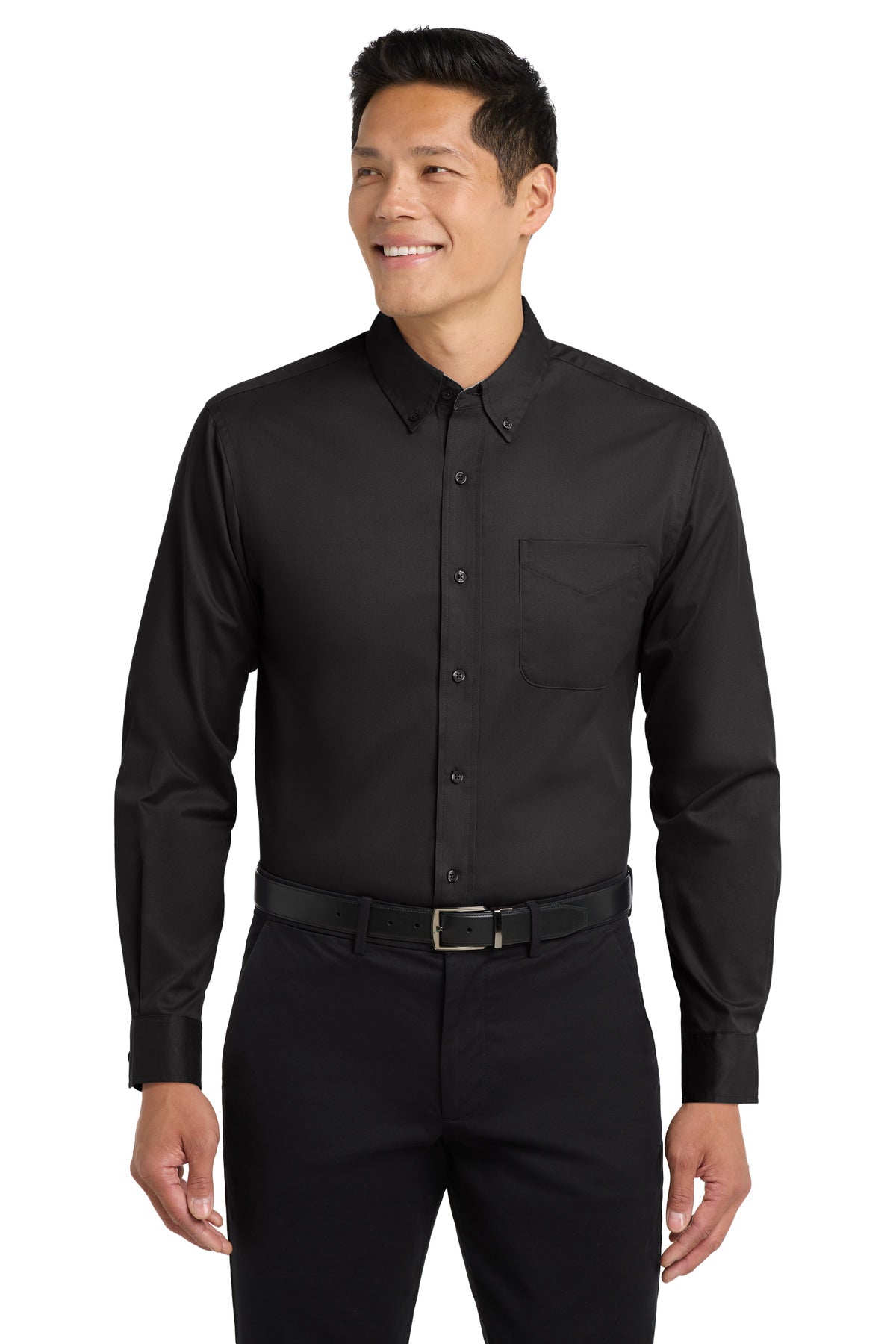Front View of Black/Lt Stone Port Authority Extended Size Long Sleeve Easy Care Shirt S608ES