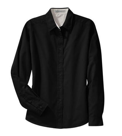 Front View of Black/Lt Stone Port Authority Women's Long Sleeve Easy Care Shirt. L608